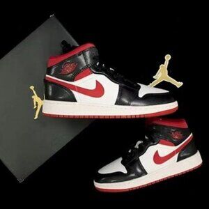 2Jordan Air Jordan 1 Mid-help retro basketball shoes GS White Black Red